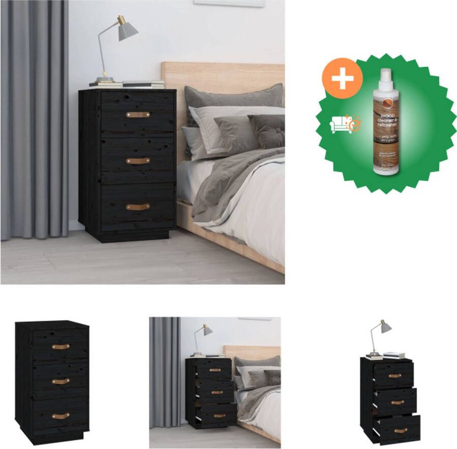 VidaXL Nachtkastje Massief Grenenhout 40 x 40 x 75 cm 3 Lades Zwart Kast Inclusief Houtreiniger en verfrisser