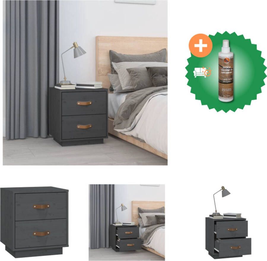 VidaXL Nachtkastje Grenenhout Grijs 40 x 34 x 45 cm Open vak en lade met kunstleren handgreep Kast Inclusief Houtreiniger en verfrisser