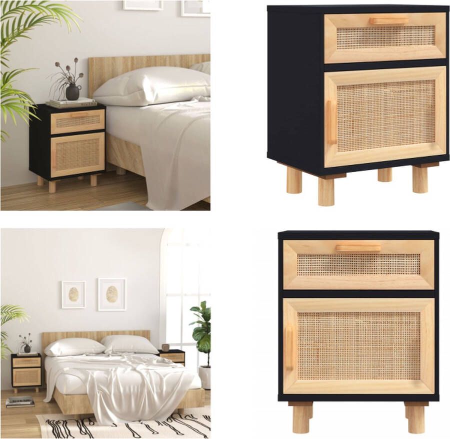 VidaXL -Nachtkastje-massief-grenenhout-en-natuurlijk-rattan-zwart