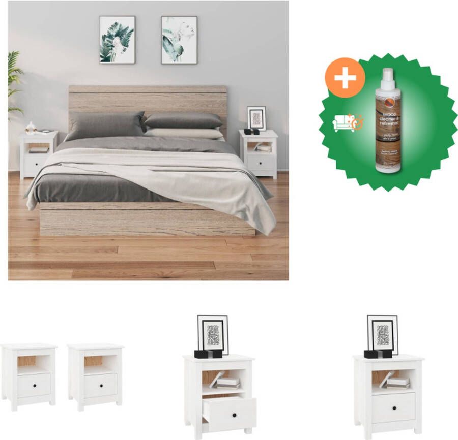 VidaXL Nachtkastje Massief Grenenhout Wit 40 x 35 x 49 cm Set van 2 Kast Inclusief Houtreiniger en verfrisser