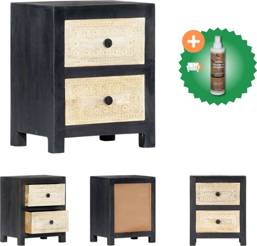 VidaXL Nachtkastje Massief mangohout 40 x 30 x 50 cm Handgesneden patroon Kast Inclusief Houtreiniger en verfrisser