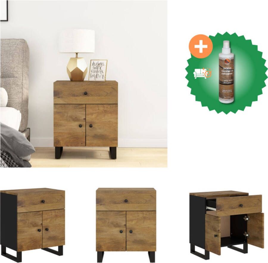 VidaXL Nachtkastje Industriële Mangohout 50x33x60 Lade en vak Stevig blad en metalen poten Kast Inclusief Houtreiniger en verfrisser