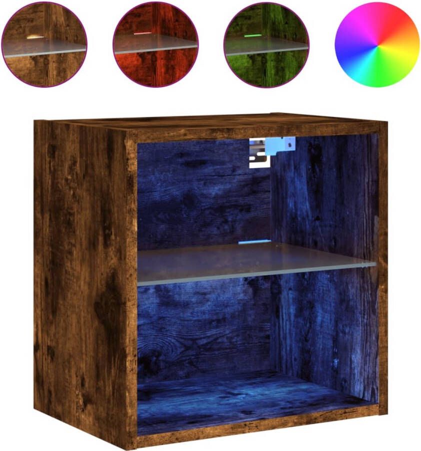 VidaXL Nachtkastje met LED Wandgemonteerd Gerookt Eiken Nachtkastje Bijzettafel Led Lamp Wandmontage Houten Meubilair