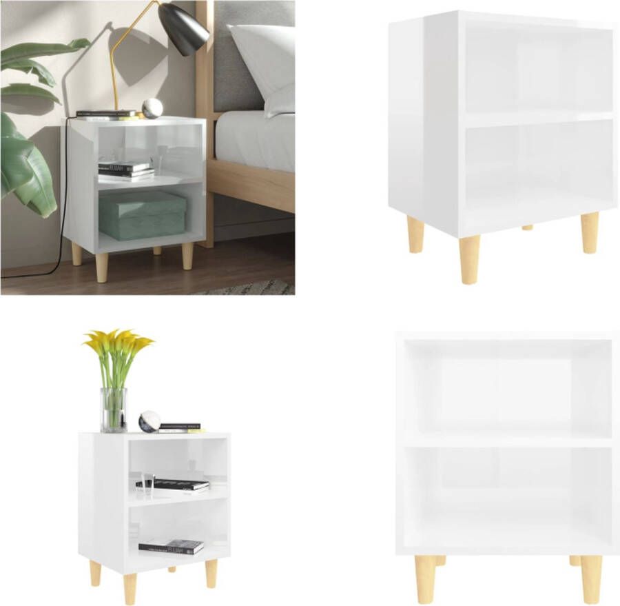 VidaXL Nachtkastje met massief houten poten 40x30x50 cm hoogglans wit Nachtkastje Nachtkastjes Slaapkamerkastje Slaapkamerkastjes