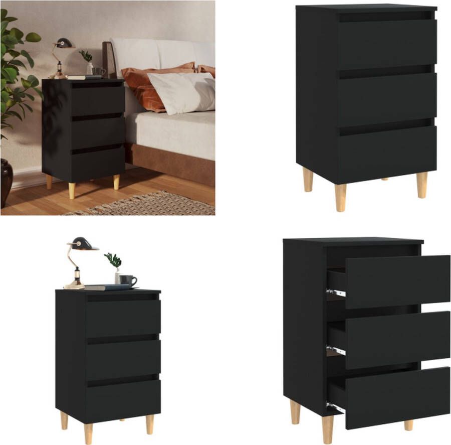 VidaXL Nachtkastje met massief houten poten 40x35x69 cm zwart Nachtkastje Nachtkastjes Slaapkamerkastje Slaapkamerkastjes