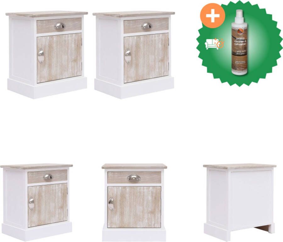 VidaXL Nachtkastje Paulowniahout 38 x 28 x 45 cm Wit en houtkleur 1 lade 1 deur Kast Inclusief Houtreiniger en verfrisser