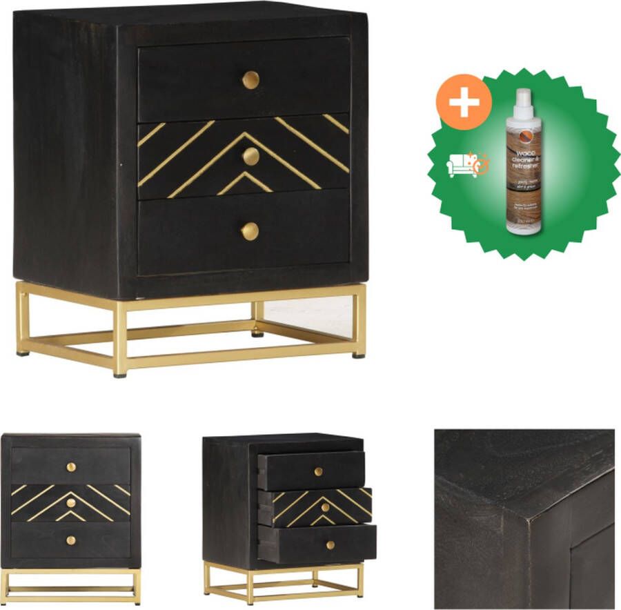 VidaXL Nachtkastje Retro Stijl 40 x 30 x 50 cm Massief Mangohout Zwart en Goud Kast Inclusief Houtreiniger en verfrisser