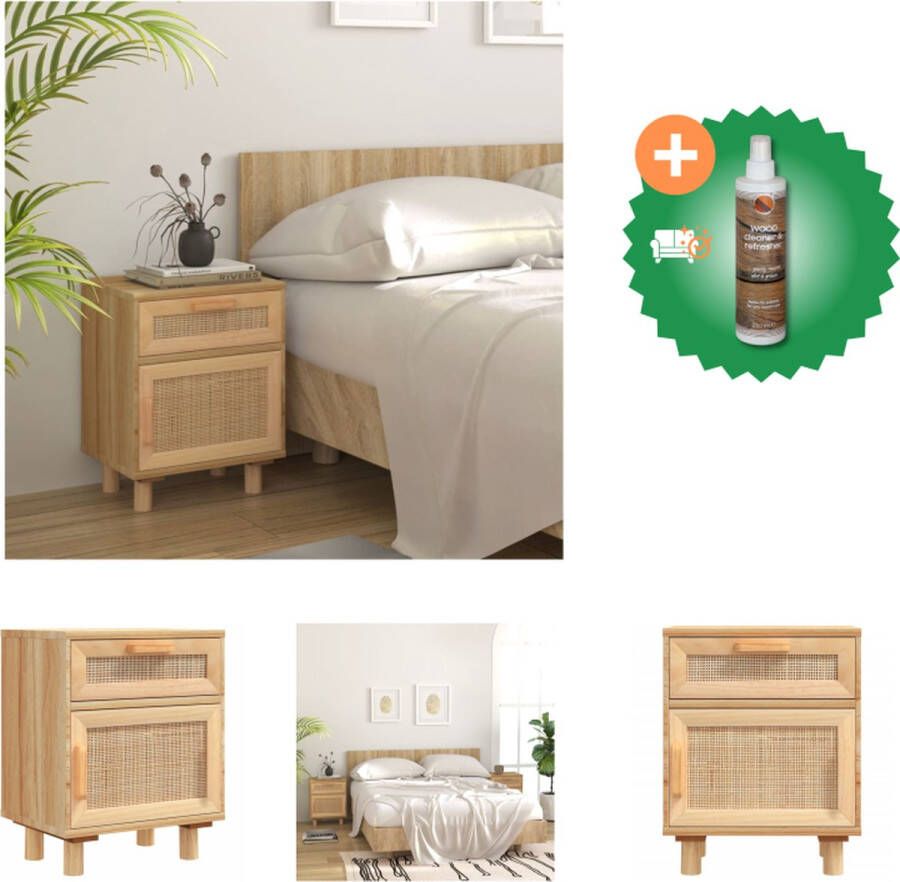 VidaXL Nachtkastje Scandinavisch Design Bewerkt Hout Met Lade en Vakken Natuurlijk Rattan Weefontwerp Massief Grenenhouten Poten Bruin 40 x 30 x 50 cm Kast Inclusief Houtreiniger en verfrisser