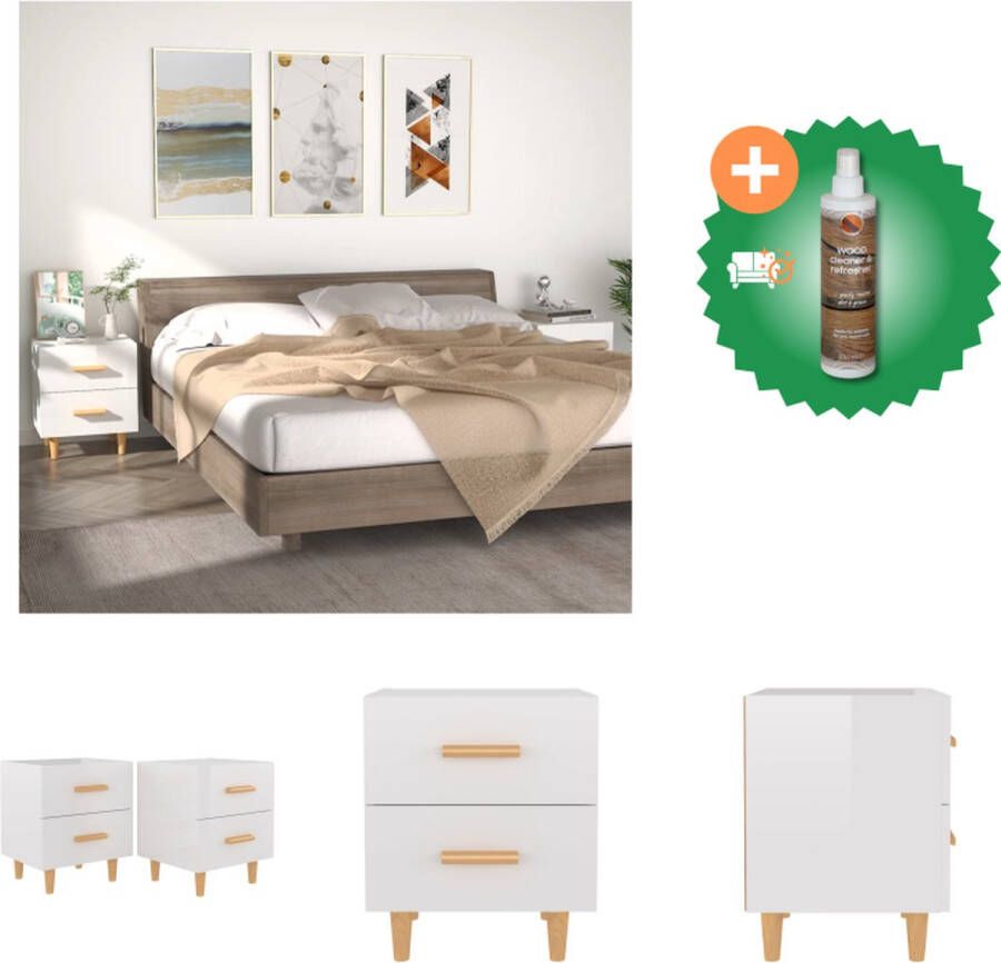 VidaXL Nachtkastje Scandinavische Stijl 40 x 35 x 47.5 cm Hoogglans wit Houten lades en poten Set van 2 Kast Inclusief Houtreiniger en verfrisser