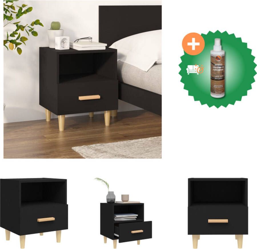 VidaXL Nachtkastje Scandinavische Stijl Zwart 40 x 35 x 47 cm Bewerkt Hout en Massief Eucalyptushout Kast Inclusief Houtreiniger en verfrisser
