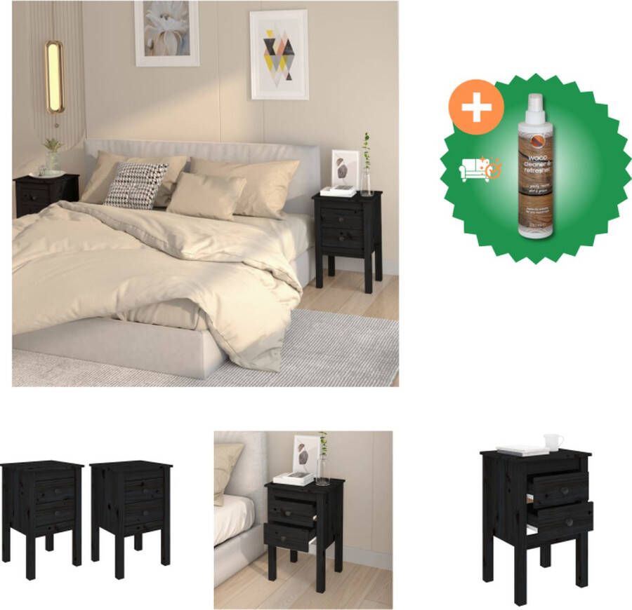 VidaXL Nachtkastjes Grenenhout Zwart Set van 2 40 x 35 x 61.5 cm Kast Inclusief Houtreiniger en verfrisser - Foto 2