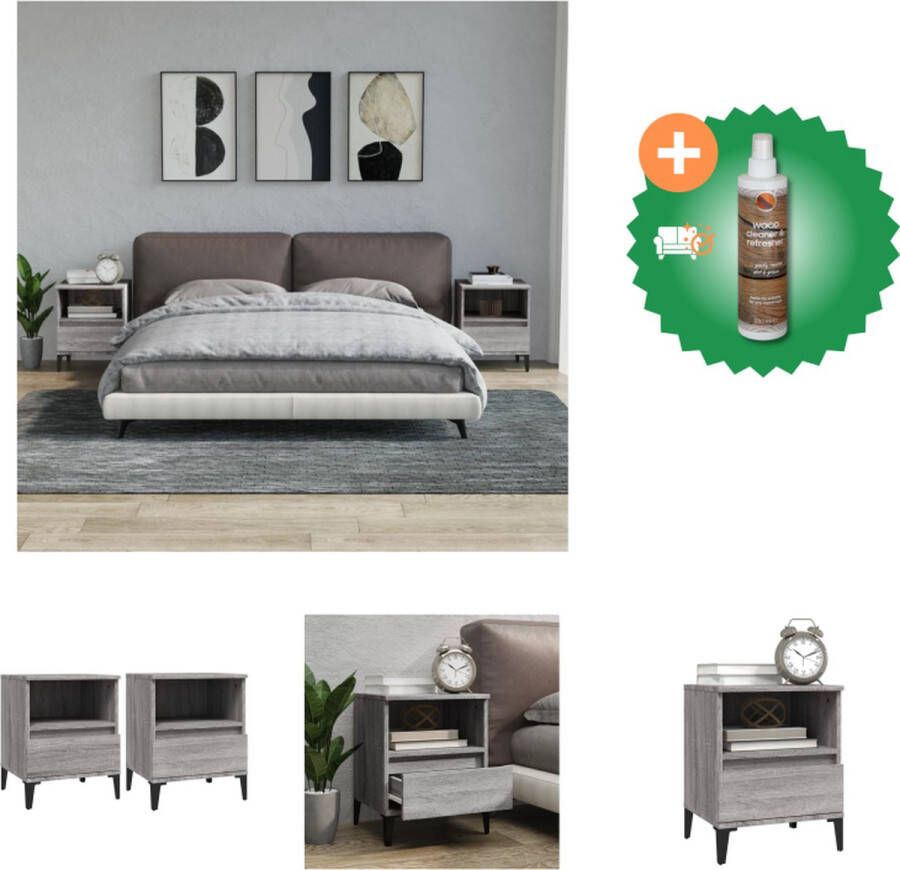 VidaXL Nachtkastje Grijs Sonoma Eiken Set van 2 40x35x50 cm Duurzaam hout Voldoende opbergruimte Kast Inclusief Houtreiniger en verfrisser - Foto 3