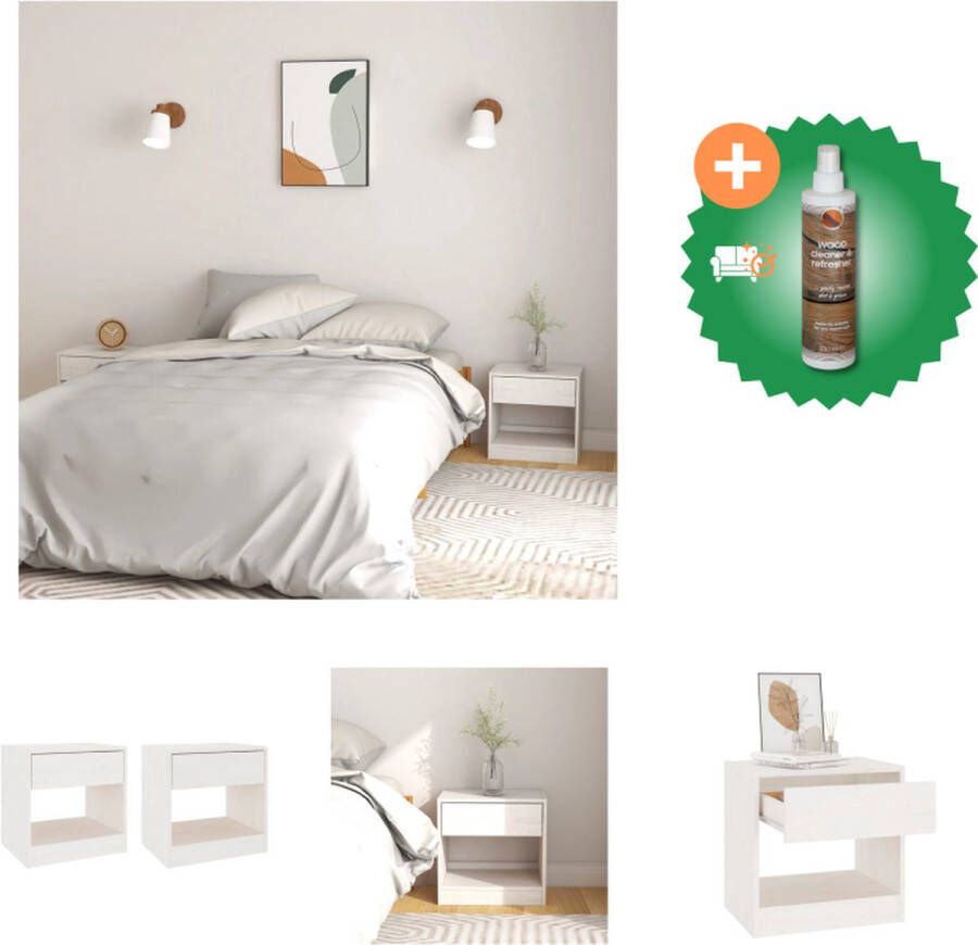 VidaXL Nachtkastje Set Massief grenenhout 40 x 31 x 40 cm Wit Kast Inclusief Houtreiniger en verfrisser
