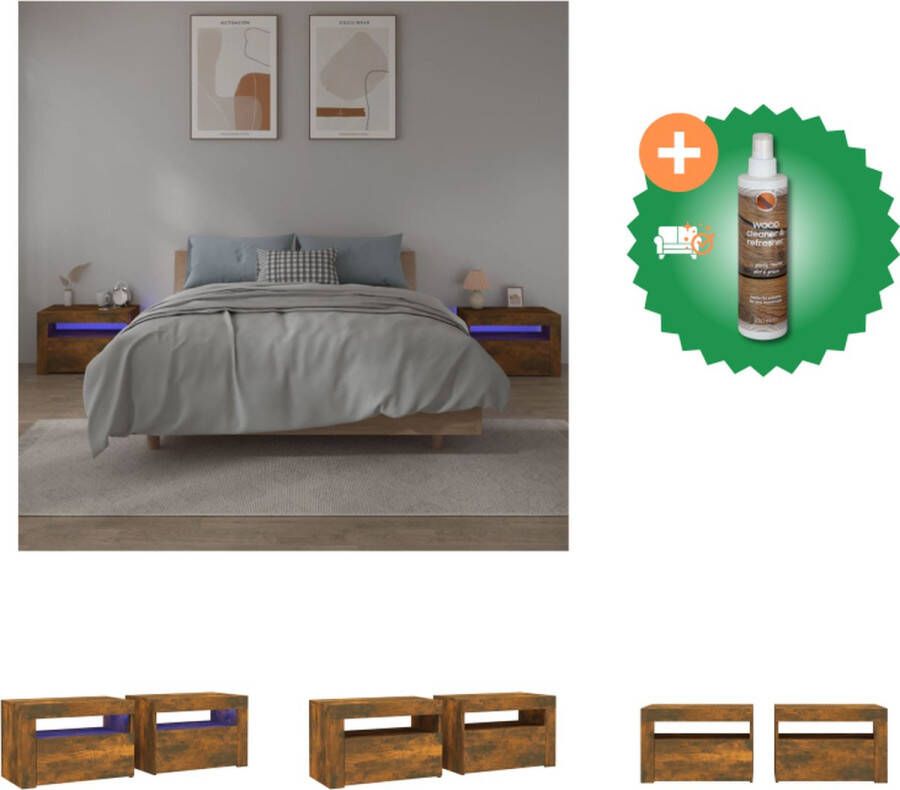 VidaXL Nachtkastjes 2 st met LED-verlichting 60x35x40 cm gerookt eiken Kast Inclusief Houtreiniger en verfrisser