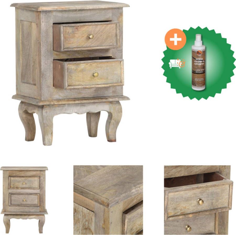 VidaXL Nachtkastje Vintage Hout Massief mangohout Grijs eikenkleurig 40x30x55 cm 2 lades Kast Inclusief Houtreiniger en verfrisser