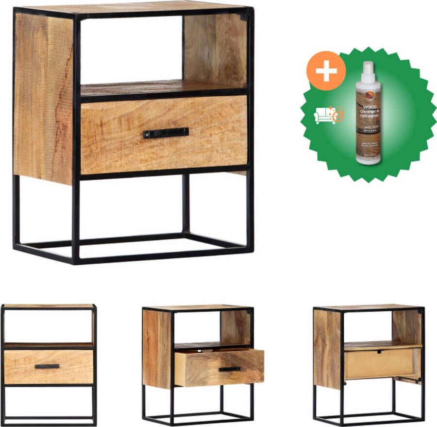 VidaXL Nachtkastje Vintage Industriële Stijl Massief Ruw Mangohout Gepoedercoat Staal 40x30x50cm Kast Inclusief Houtreiniger en verfrisser