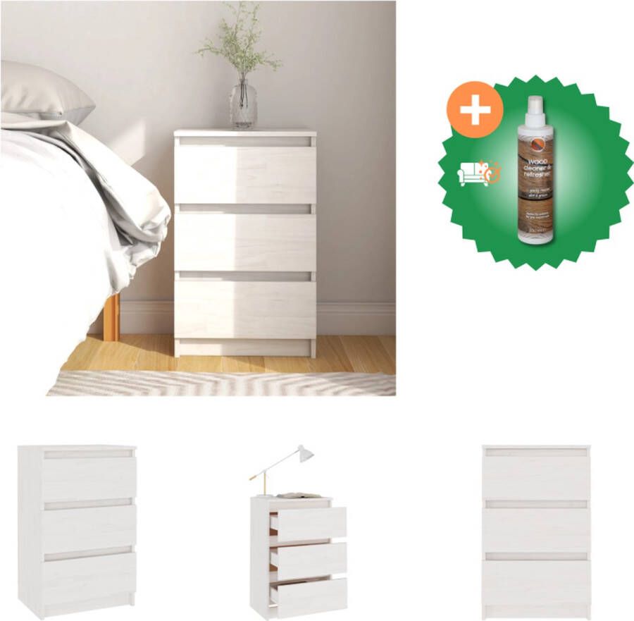 VidaXL Nachtkastje Wit 40x29.5x64 cm Massief grenenhout 3 lades Kast Inclusief Houtreiniger en verfrisser