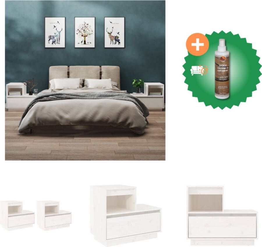 VidaXL Nachtkastje Wit Massief Grenenhout 60 x 34 x 51 cm 2 montage opties Kast Inclusief Houtreiniger en verfrisser