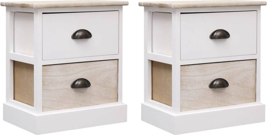 VidaXL Nachtkastjes 2 stuks Wit en Naturel Hout Nachtkast Nachtkastjes Slaapkamer Meubilair Paulownia Hout Houten Kast Witte Kast Landelijke Stijl Bijzettafel Opslagruimte Compact Modern - Foto 2
