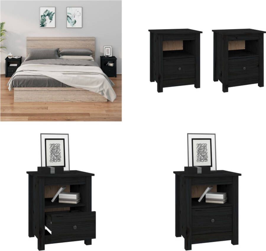 VidaXL -Nachtkastjes-2-st-40x35x49-cm-massief-grenenhout-zwart - Foto 2