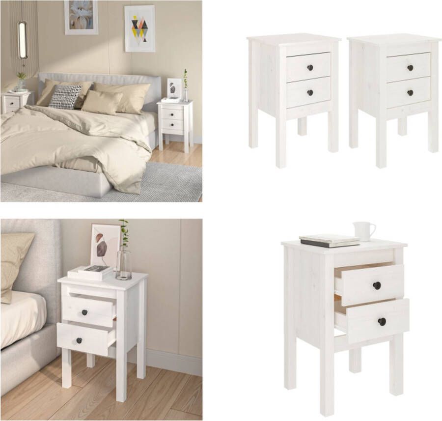 VidaXL Nachtkastjes 2 st 40x35x61-5 cm massief grenenhout wit Nachtkastje Nachtkastjes Houten Nachtkastje Telefoonkast - Foto 2