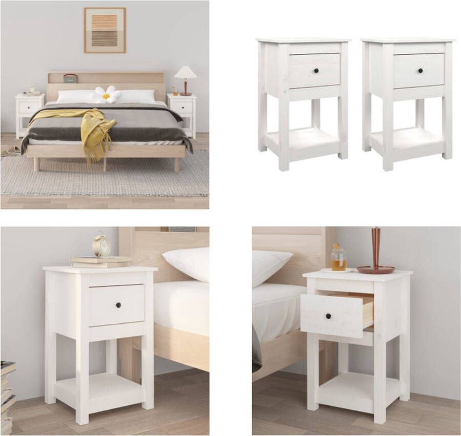VidaXL Nachtkastjes 2 st 40x35x61-5 cm massief grenenhout wit Nachtkastje Nachtkastjes -kast Nachtkastje