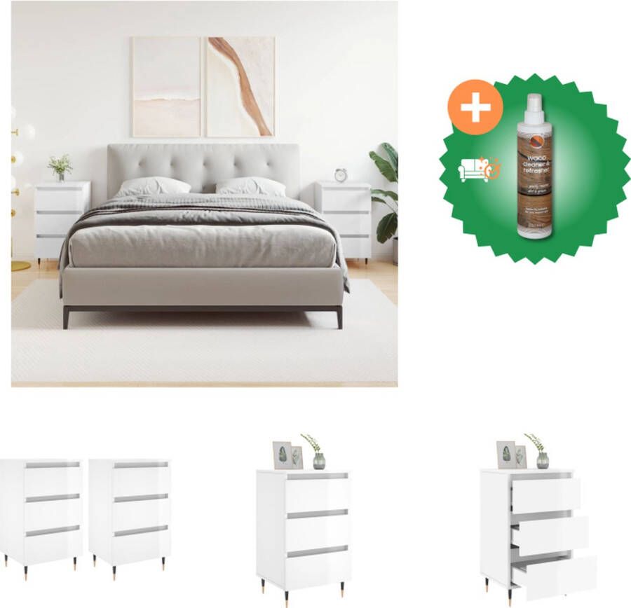 VidaXL Nachtkastjes 2 st 40x35x69 cm bewerkt hout hoogglans wit Kast Inclusief Houtreiniger en verfrisser