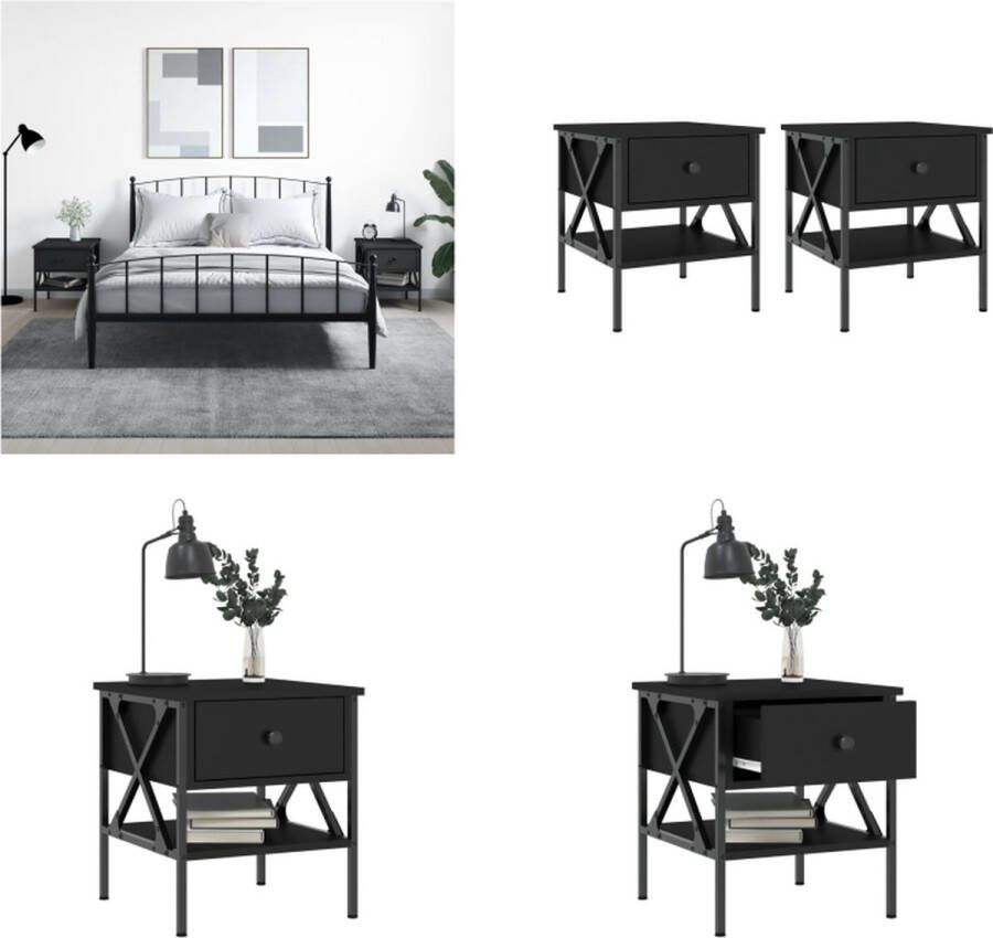 VidaXL Nachtkastjes 2 st 40x42x45 cm bewerkt hout zwart Nachtkastje Nachtkastjes Bijzettafel Wandkastje
