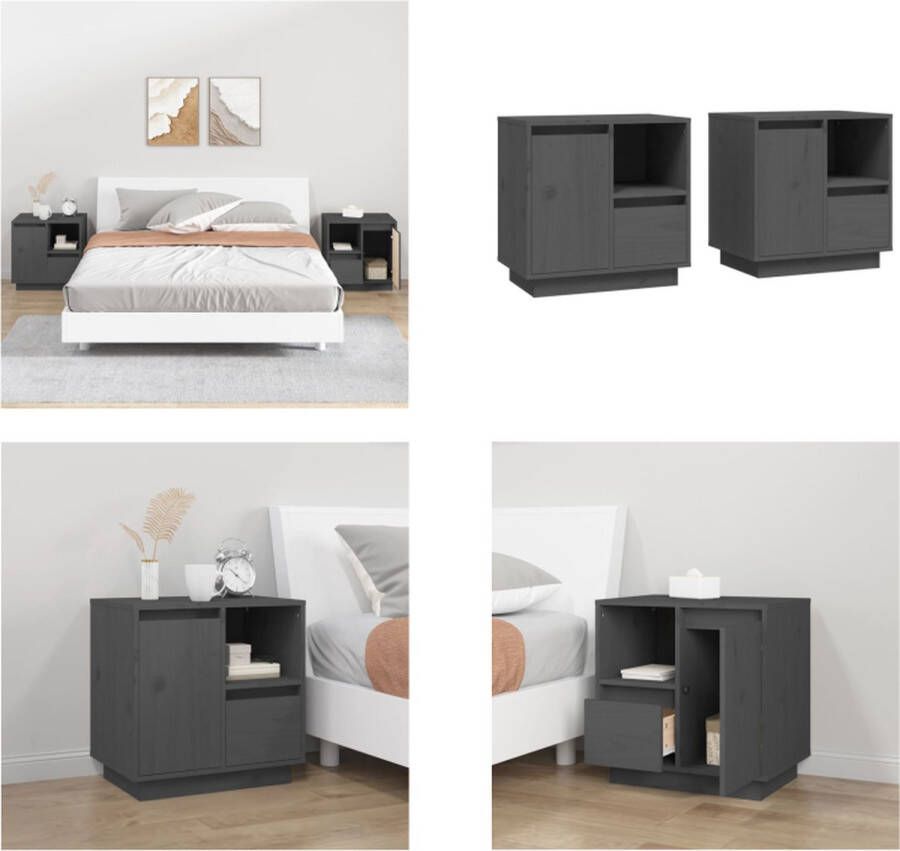 VidaXL Nachtkastjes 2 st 50x34x50 cm massief grenenhout grijs Nachtkastje Nachtkastjes Houten Nachtkastje Slaapkamerkast