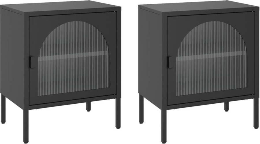 VidaXL Nachtkastjes 2 st zwart staal en glas Nachtkastjes Nachttafel Salonmeubel Slaapkamerstijl Zwart Meubilair