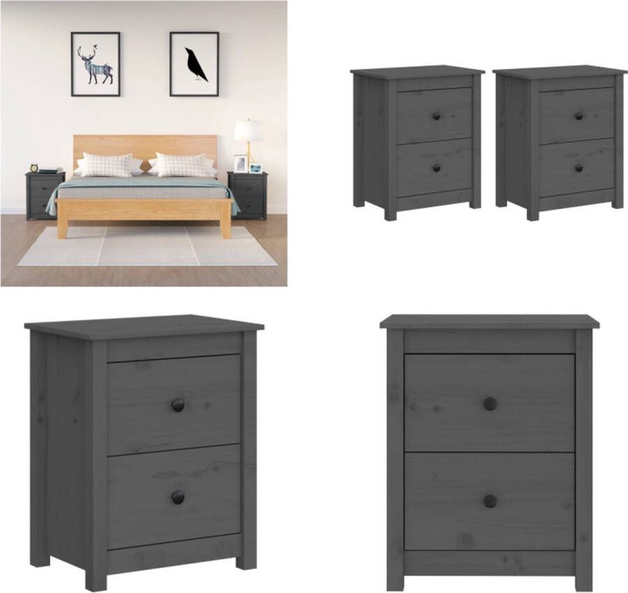 VidaXL Nachtkastjes 2 st 50x35x61-5 cm massief grenenhout grijs Nachtkastje Nachtkastjes Houten Nachtkastje Telefoonkast