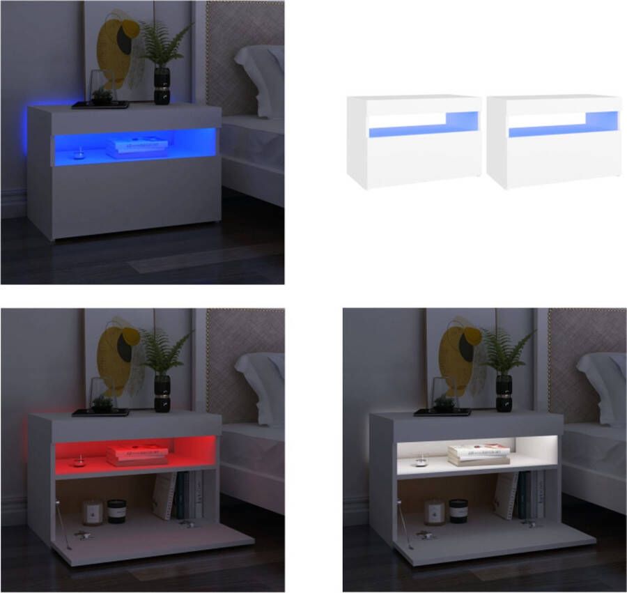 VidaXL Nachtkastjes 2 st LED-verlichting 60x35x40 cm bewerkt hout wit Nachtkastje Nachtkastjes Houten Nachtkastje Houten Nachtkastjes