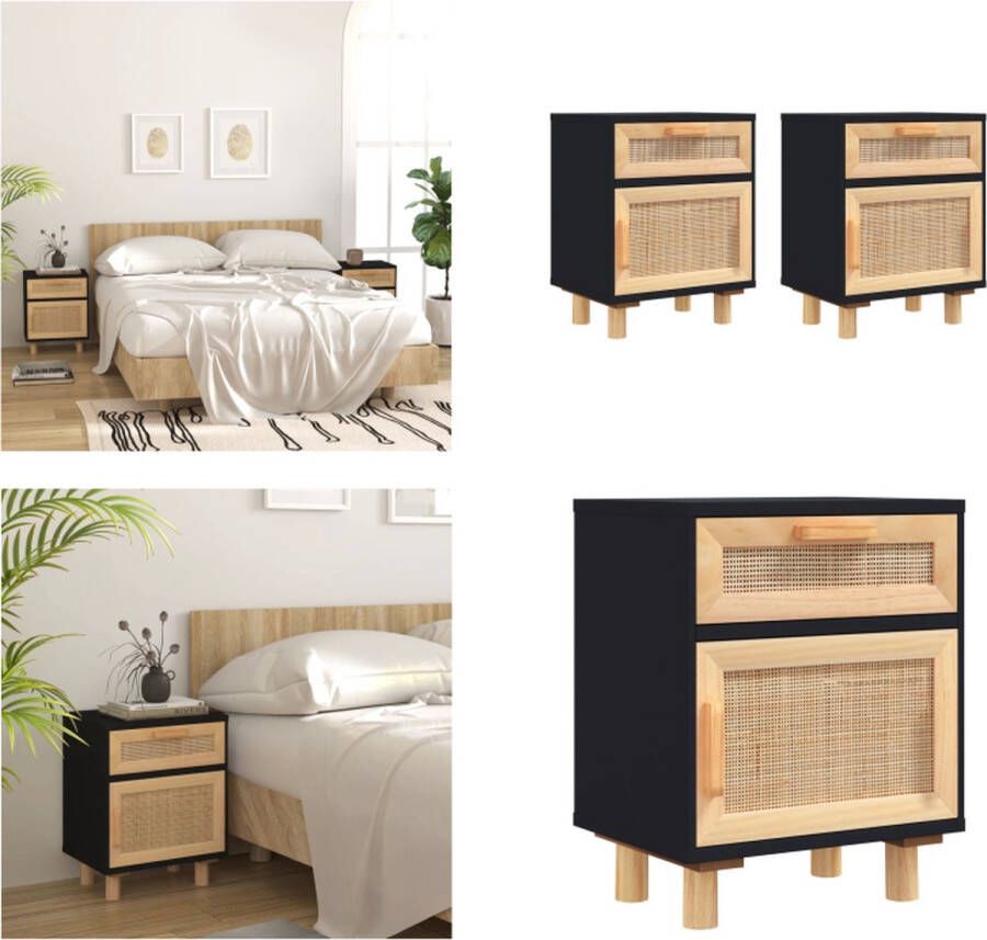 VidaXL -Nachtkastjes-2-st-massief-grenenhout-en-natuurlijk-rattan-zwart