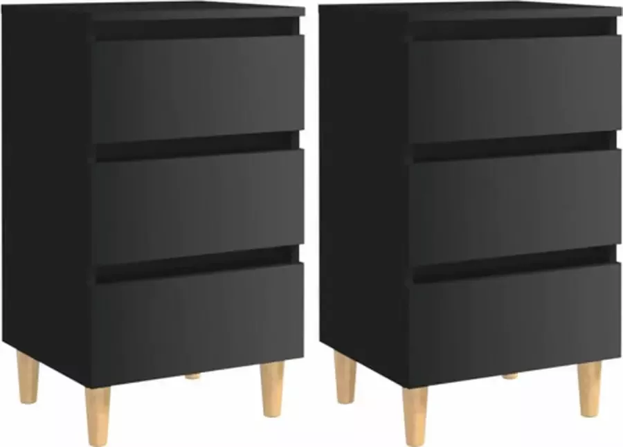 VidaXL -Nachtkastjes-2-st-met-houten-poten-40x35x69-cm-hoogglans-zwart - Foto 1