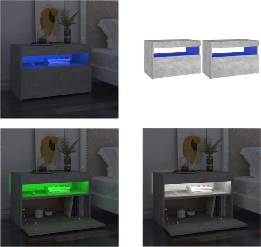 VidaXL Nachtkastjes 2 st met LED-verlichting 60x35x40 cm betongrijs Nachtkastje Nachtkastjes Houten Nachtkastje Houten Nachtkastjes