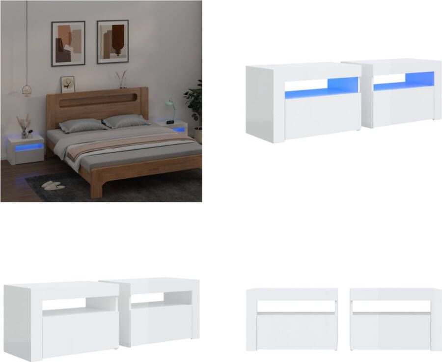 VidaXL Nachtkastjes 2 st met LED-verlichting 60x35x40 cm hoogglans wit Nachtkastje Nachtkastjes Houten Nachtkastje Slaapkamerkast