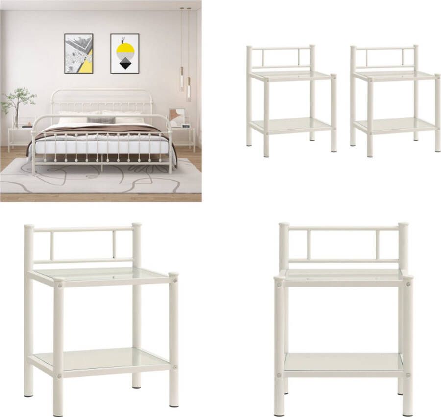 VidaXL Nachtkastjes 2 st metaal en glas wit en transparant Nachtkastje Nachtkastjes Telefoonkast Telefoonkasten