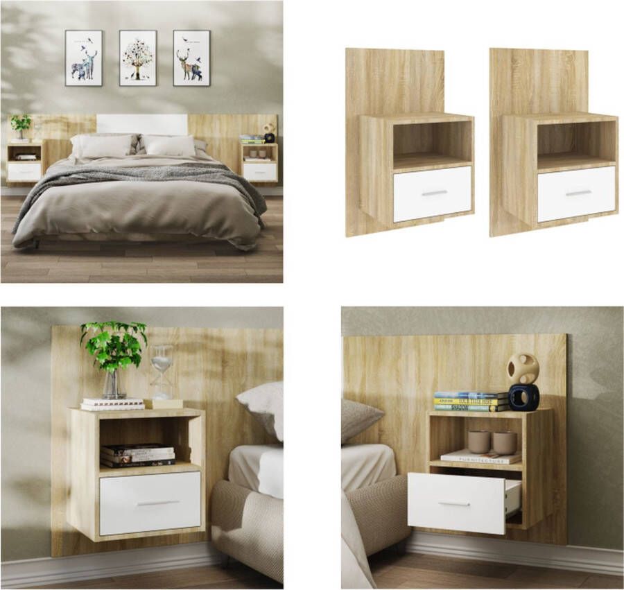 VidaXL Nachtkastjes 2 st wandgemonteerd wit en sonoma eikenkleurig Wandnachtkastje Wandnachtkastjes Wandgemonteerd Nachtkastje Wandgemonteerd Bedkastje - Foto 2