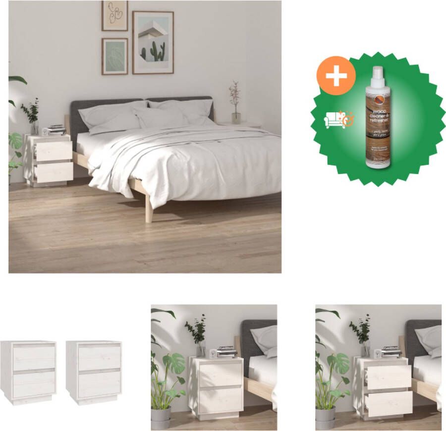 VidaXL Nachtkastjes 2 st 40x35x50 cm massief grenenhout wit Kast Inclusief Houtreiniger en verfrisser