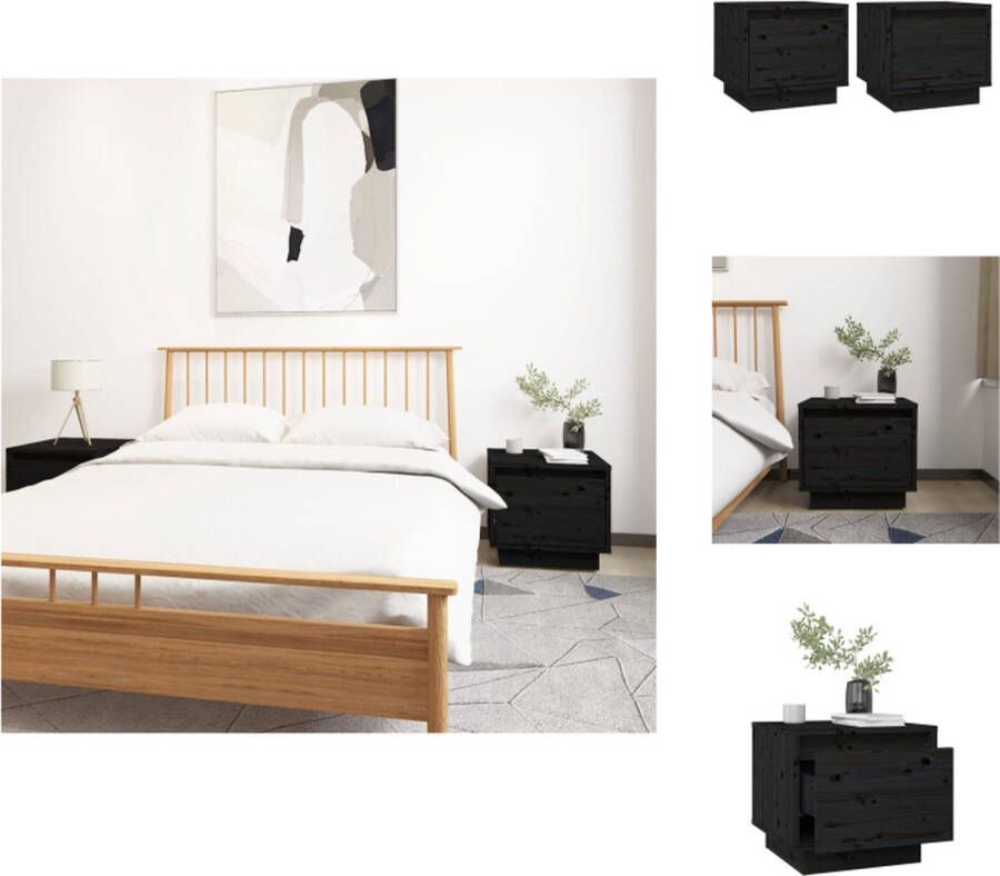 VidaXL Nachtkastje Nachtkastjes Bedtafeltje Bedkastje Nachtkastjes 2 st 35x34x32 cm massief grenenhout zwart - Foto 2