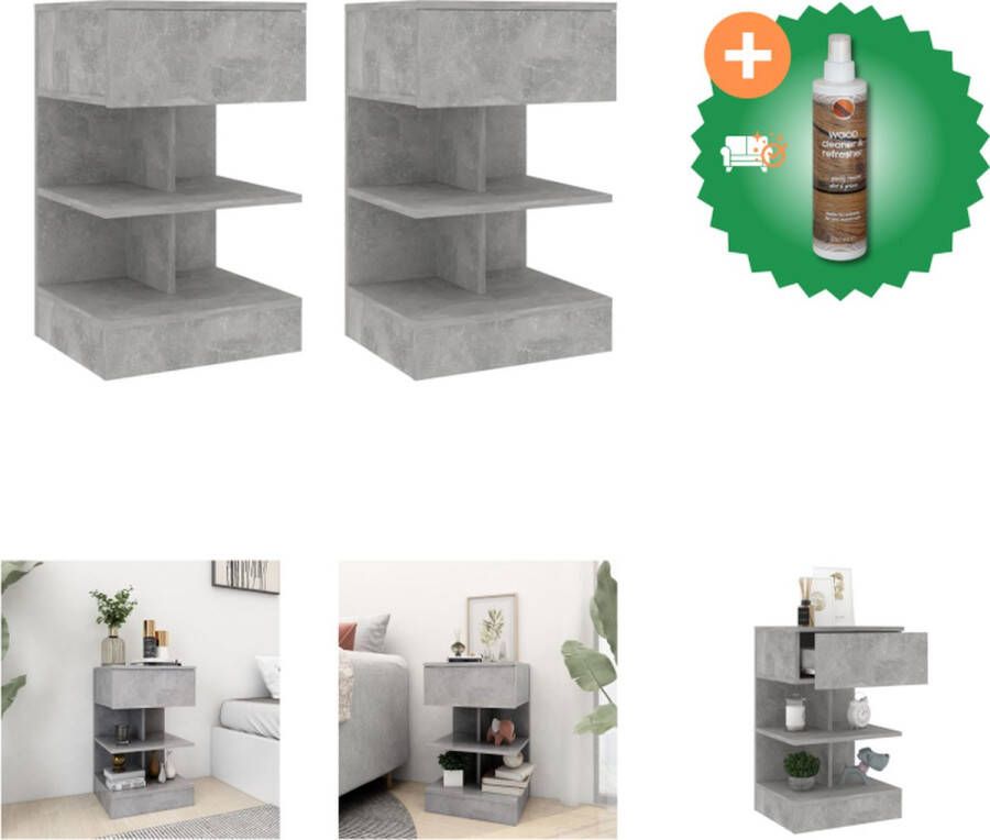 VidaXL Nachtkastjes Betongrijs 40 x 35 x 65 cm Wandmontage Set van 2 Kast Inclusief Houtreiniger en verfrisser