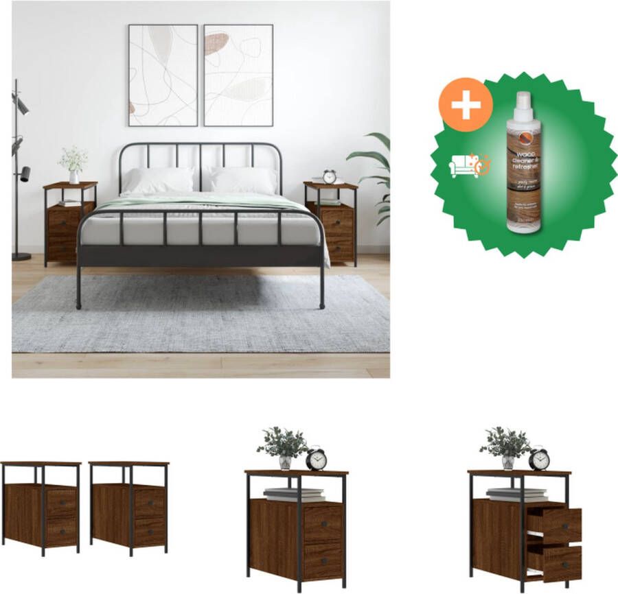VidaXL Nachtkastjes Bruineiken Bewerkt Hout en IJzer 30x60x60cm Inclusief Montagemateriaal Set van 2 Kast Inclusief Houtreiniger en verfrisser