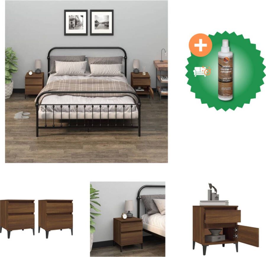 VidaXL Nachtkastjes Bruineiken Set van 2 Hout en Metaal 40x35x50 cm Kast Inclusief Houtreiniger en verfrisser