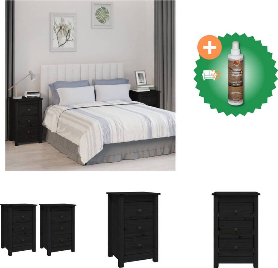 VidaXL Nachtkastjes Grenenhout Zwart Set van 2 40 x 35 x 61.5 cm Kast Inclusief Houtreiniger en verfrisser - Foto 3