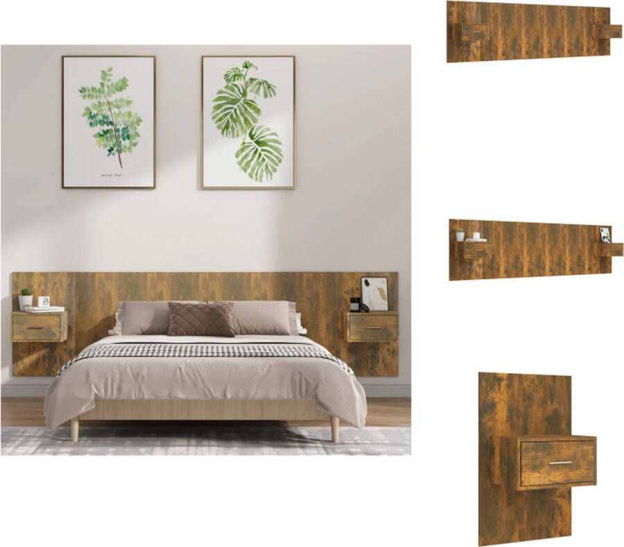 VidaXL Nachtkastjes en Hoofdbord Gerookt Eiken Stevig Materiaal Wandmontage Ontwerp Opbergruimte Afmetingen- 48.5 x 32.5 x 80 cm Bedonderdeel - Foto 2