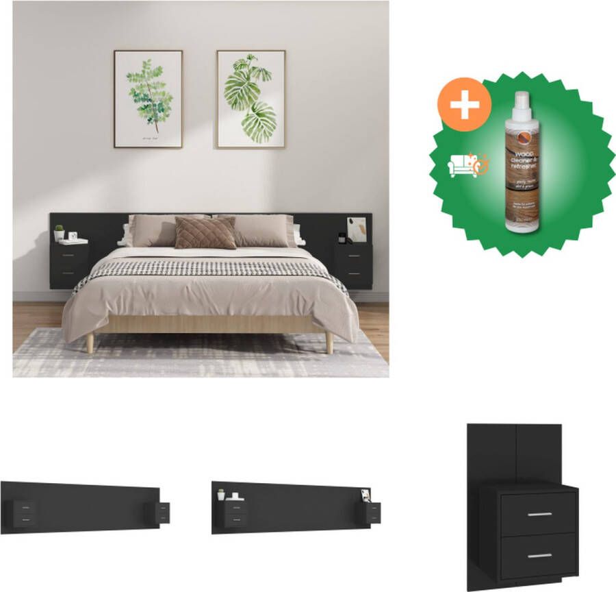 VidaXL Nachtkastjes en Hoofdbord Klassiek Design Stevig Materiaal Wandmontage Opbergruimte Kleur- Zwart Afmetingen- 48.5 x 32.5 x 80 cm Bedonderdeel Inclusief Houtreiniger en verfrisser - Foto 2