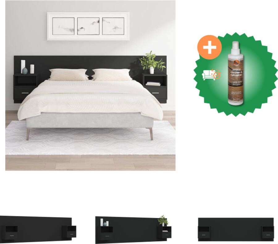 VidaXL Nachtkastje en Hoofdbord Zwarte Houten meubelen Wandmontage mogelijk Opbergruimte Stevig materiaal levering bevat 2x nachtkastje en 1x hoofdbord Bedonderdeel Inclusief Houtreiniger en verfrisser - Foto 3