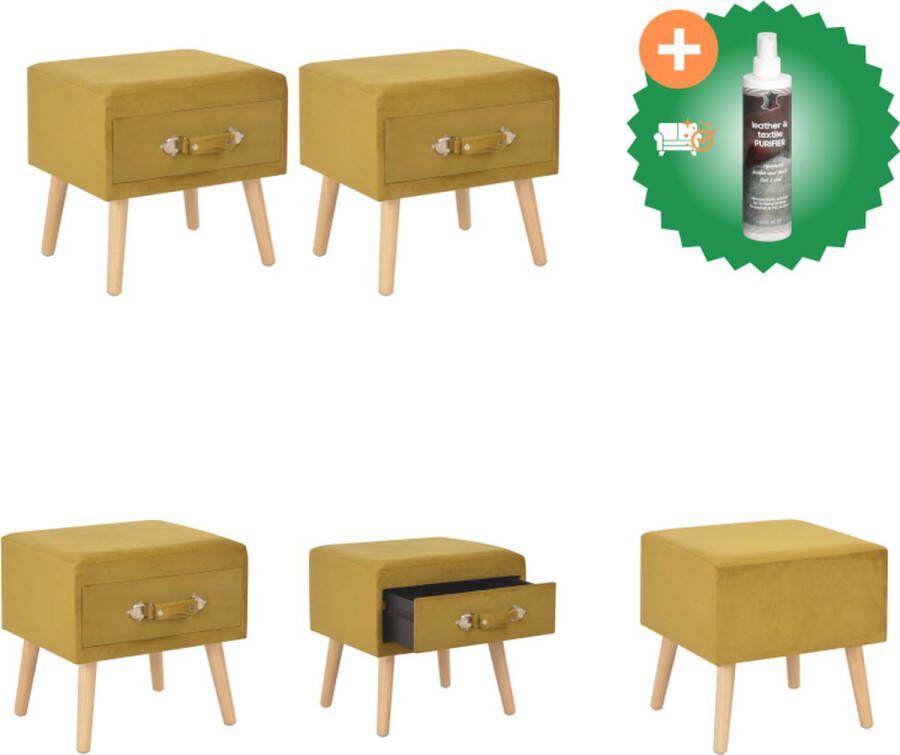 VidaXL Nachtkastjes Fluweel en Massief Grenenhout 40 x 35 x 40 cm Mosterd 2 Stuks Kast Inclusief Reiniger