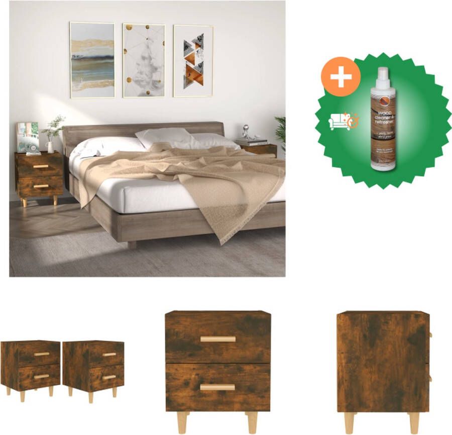 VidaXL Nachtkastjes Gerookt Eiken 40 x 35 x 47.5 cm 2 laden Massief Eucalyptushout Kast Inclusief Houtreiniger en verfrisser