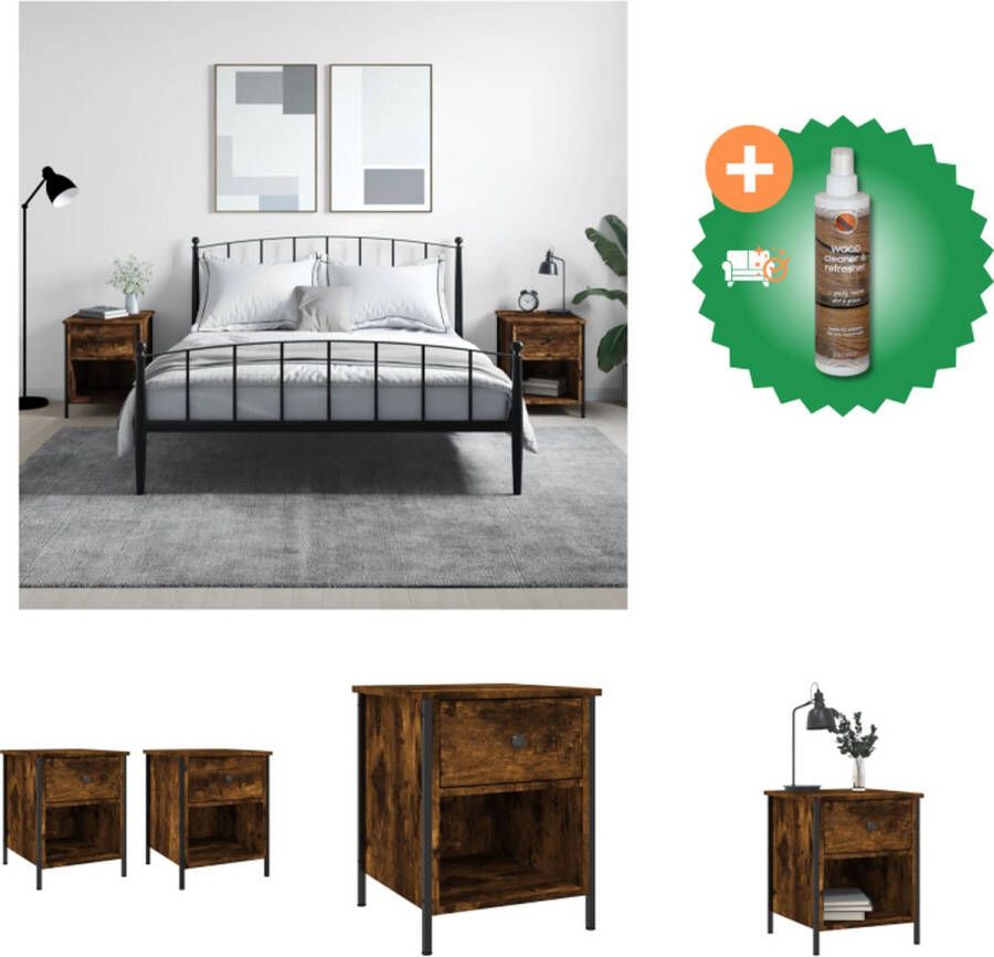 VidaXL Nachtkastjes Gerookt Eiken 40 x 42 x 50 cm Duurzaam hout en ijzer Stijlvol en praktisch Kast Inclusief Houtreiniger en verfrisser